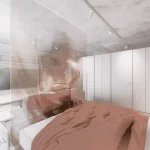 Moderná spálňa s posteľou a sklenenou deliacou stenou v investičnom byte ZicherHouse v centre Trnavy