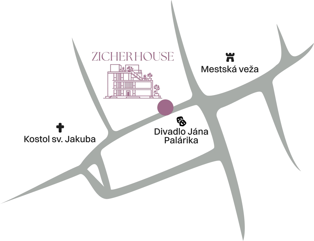 Poloha projektu Zicher House v srdci historického centra Trnavy s pešou dostupnosťou kaviarní a kultúry